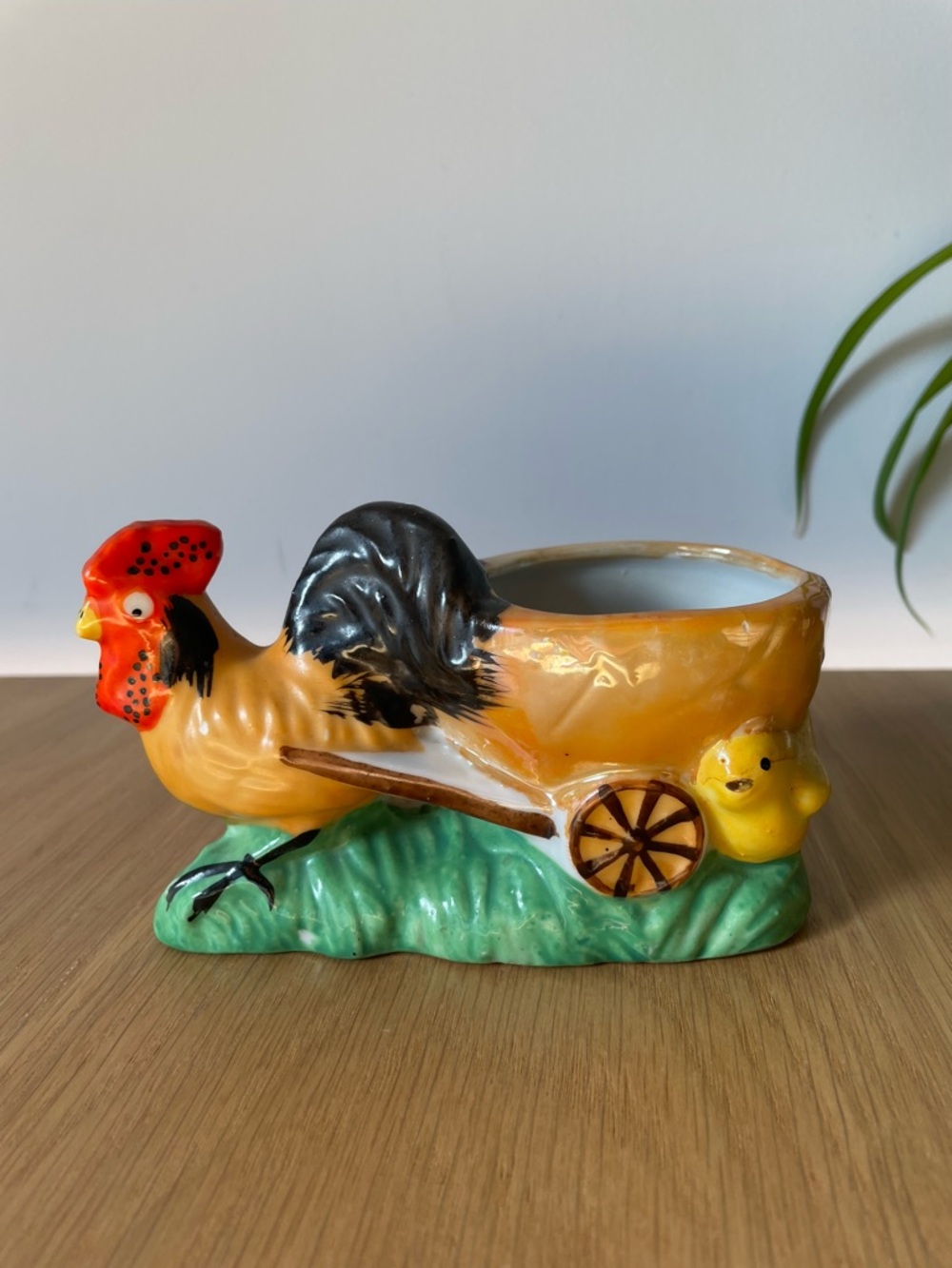 Vintage Midcentury Lustreware Ceramic Rooster Planter with Chick